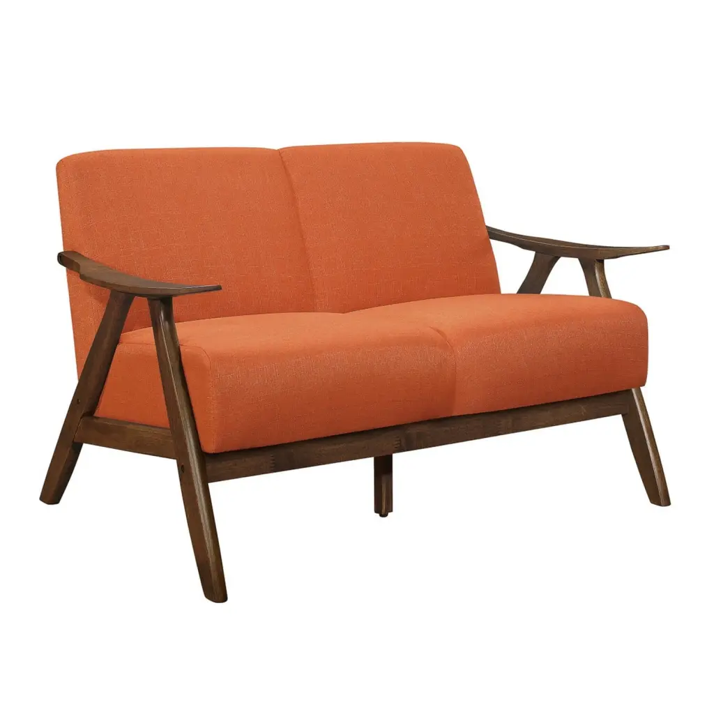 Benjara BM313162 Indy 51 Loveseat Wood Angled Frame Textured Fabric Orange Brown