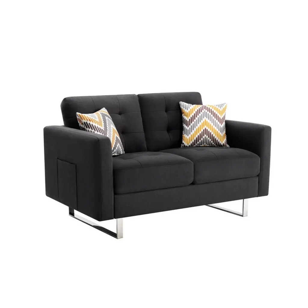 Benjara Caden 54 Inch Modern Loveseat Side Pocket and 2 Pillows - Dark Gray Sofa