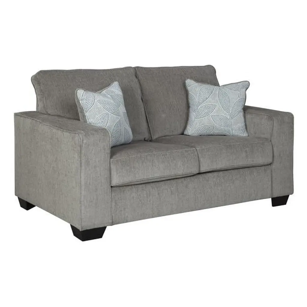 Benjara Contemporary Fabric Upholstered Loveseat Track Armrests Light Gray