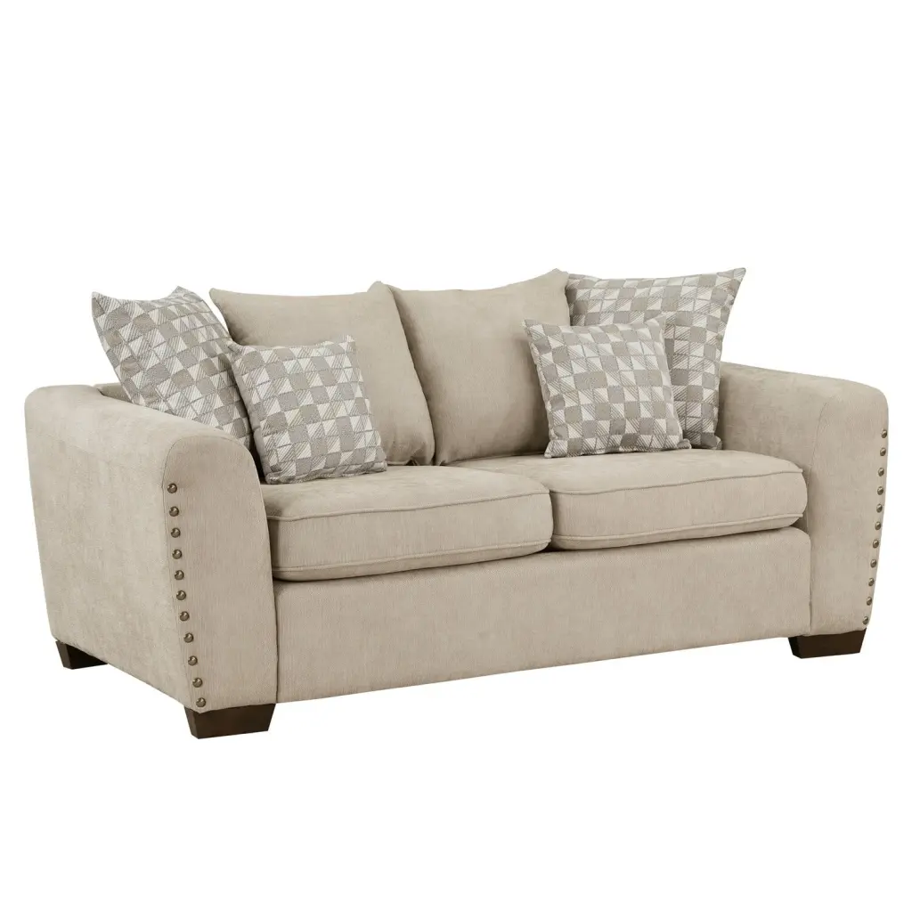 Benjara Gini 70 Inch Loveseat 6 Pillows Nailhead Trim Brown Chenille Solid Wood
