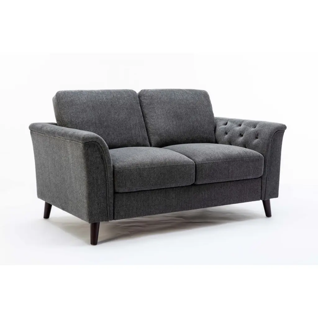 Benjara 61 Inch Plush Loveseat Tufted Arms - Linen Gray & Brown Sofa
