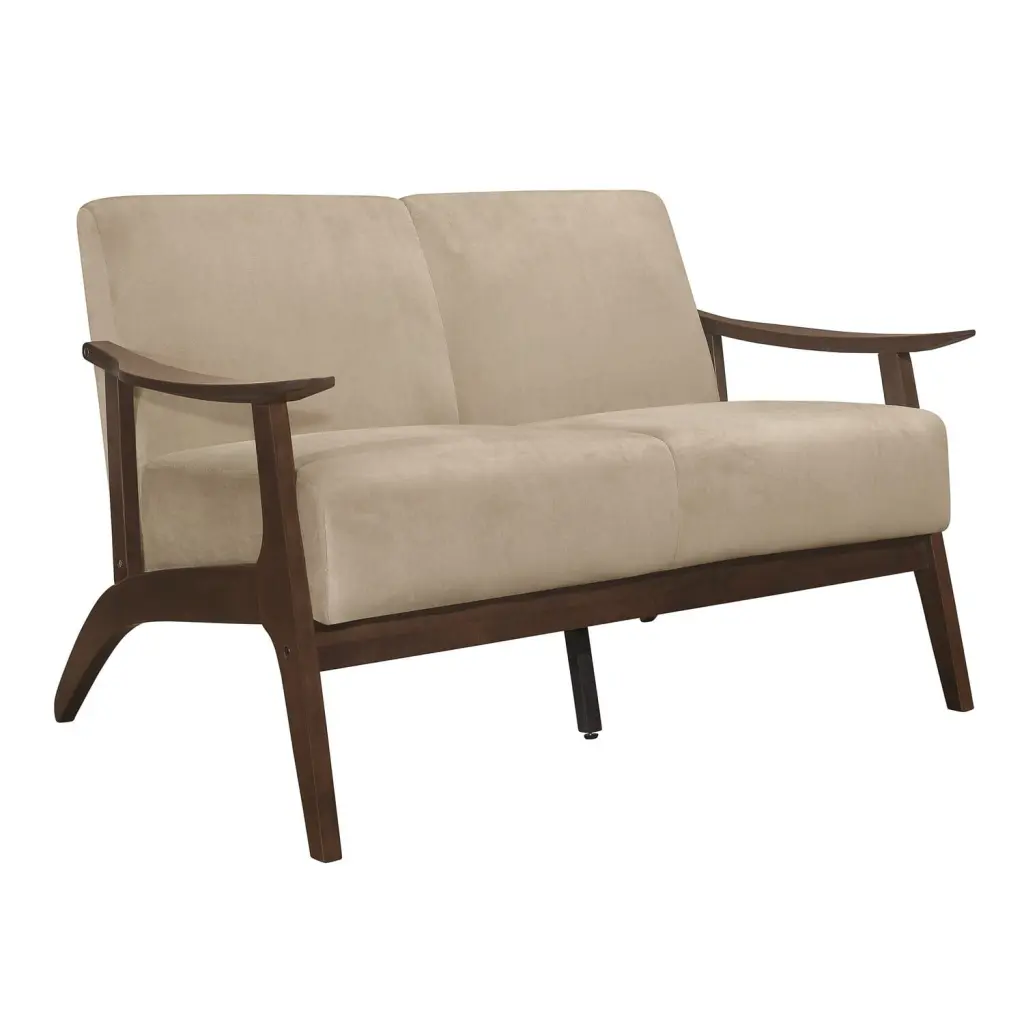 Benjara 51 Inch Rica Loveseat Curved Soft Beige Velvet and Walnut Wood