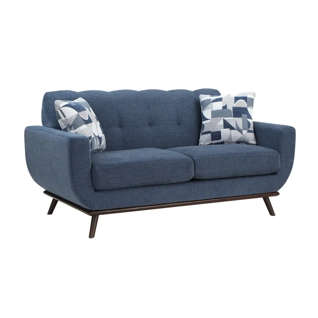 Benjara Keto 70 Inch Loveseat Blue Chenille Throw Pillows and Brown Solid Wood Frame