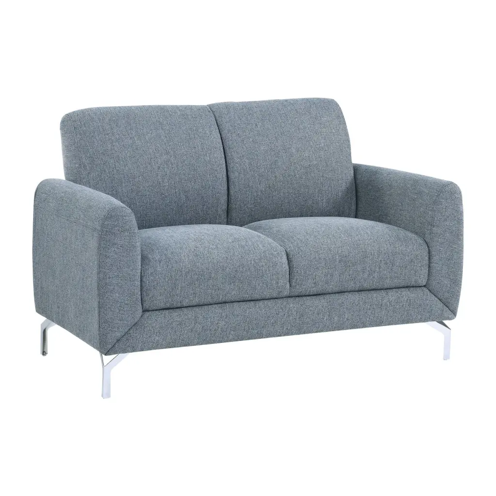 Benjara 56 . Veny Blue Polyester Foam Cushions & Silver Metal Legs Loveseat