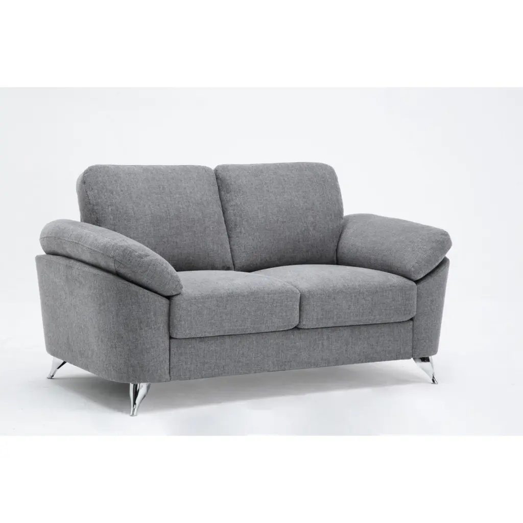 Nel 64 Inch Loveseat Soft Gray Linen and Chrome Metal Legs Benjara