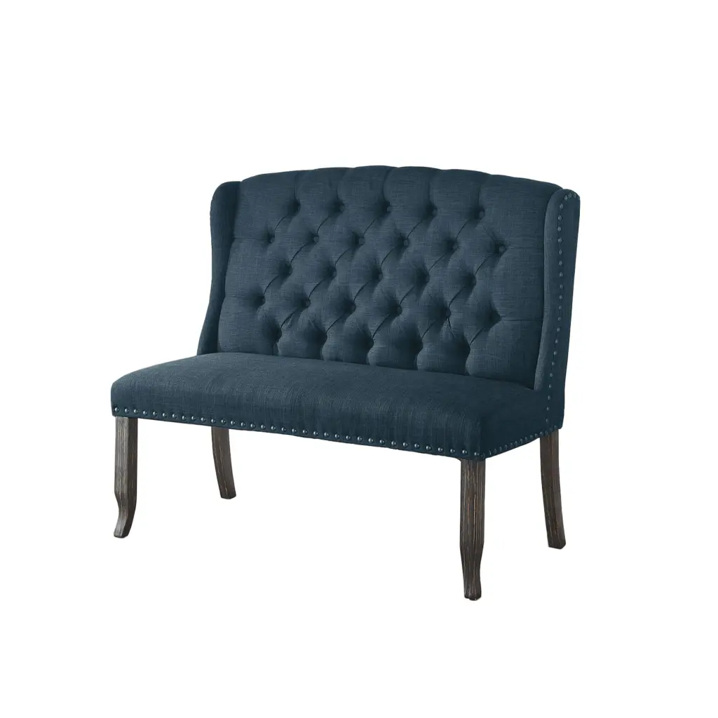 Tufted High Back 2 Seater Love Seat Bench Nailhead Trims Blue Elegant Living Room Furniture Benzara