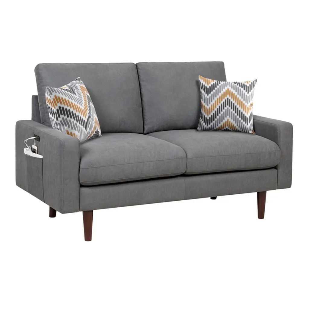 Blissful Nights Mountain Lodge Mid-Century Modern Dark Gray Woven Fabric Loveseat Couch USB Charging Ports and Pillows