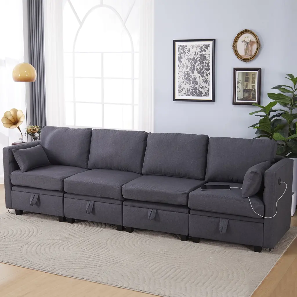 109Modern 4 Seater Loveseat Sofa Chaise USB Gold-Tone Metal Legs Small Space Fabric Couch Gray BonChoice