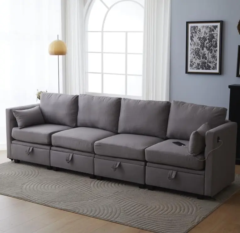 109Modern 4 Seater Loveseat Sofa Chaise USB Gold-Tone Metal Legs Small Space Fabric Couch Light Gray BonChoice