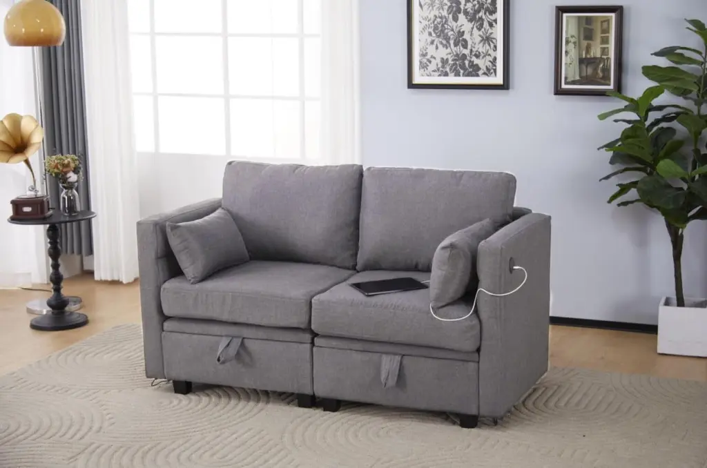 55Modern Loveseat 2 Seater Sofa Chaise USB Small Space Fabric Couch Gold-Tone Metal Arms BonChoice