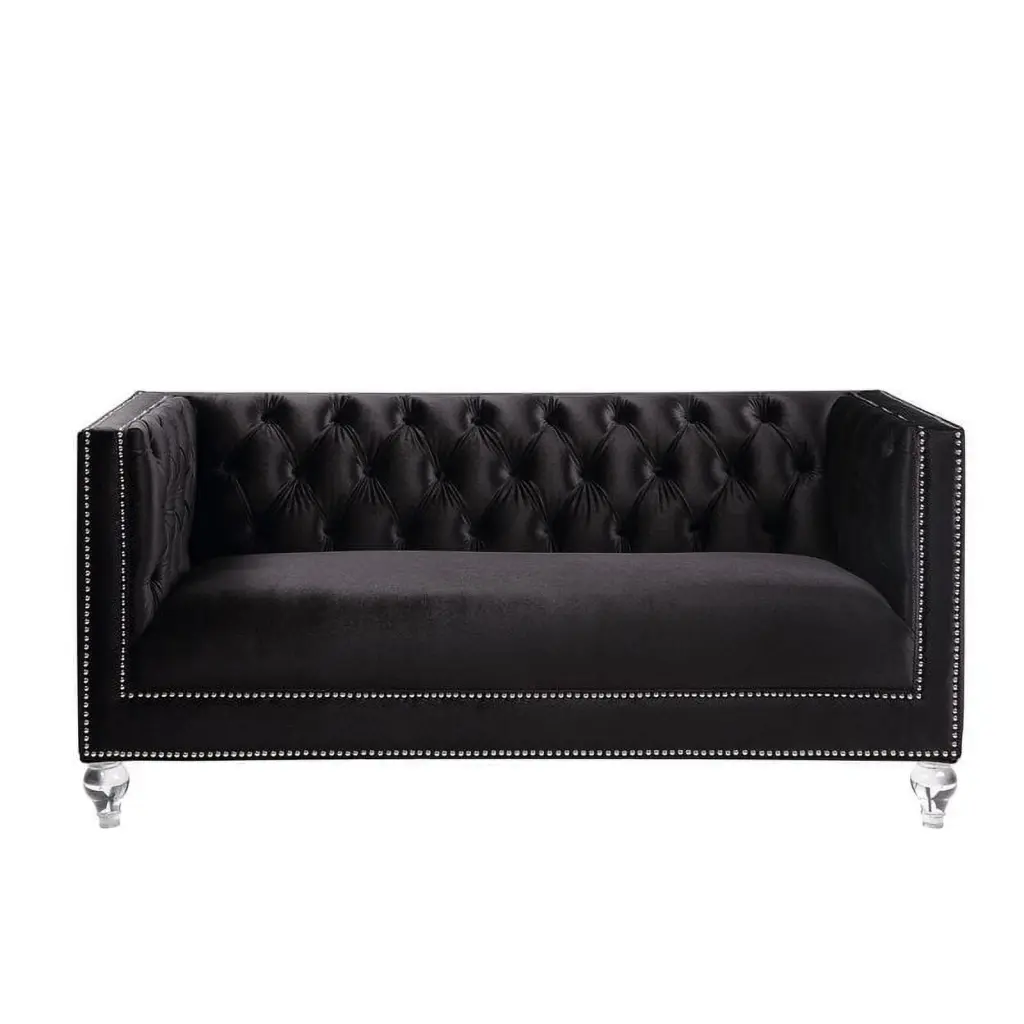 Bowery Hill Button Tufted Velvet Upholstered Loveseat 2 Pillows Black