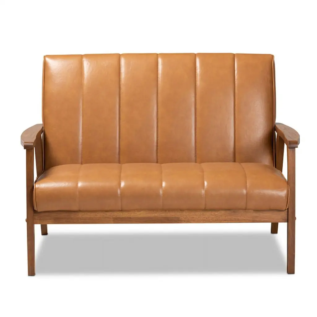 Bowery Hill Leather Upholstered and Brown Finished Wood Loveseat Modern Living Room