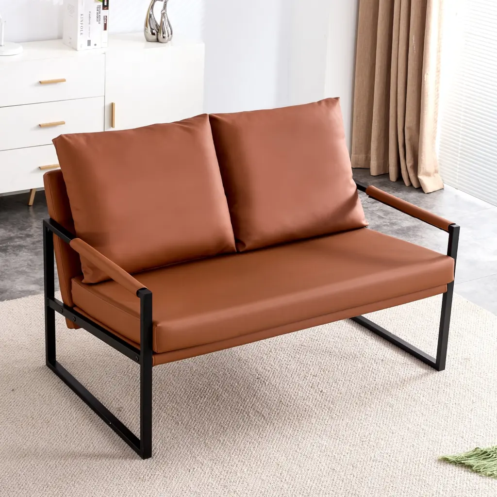 Mid-Century PU Leather Loveseat Sofa Metal Frame and 2 Pillows Modern 2-Seater Brown Clipeyh