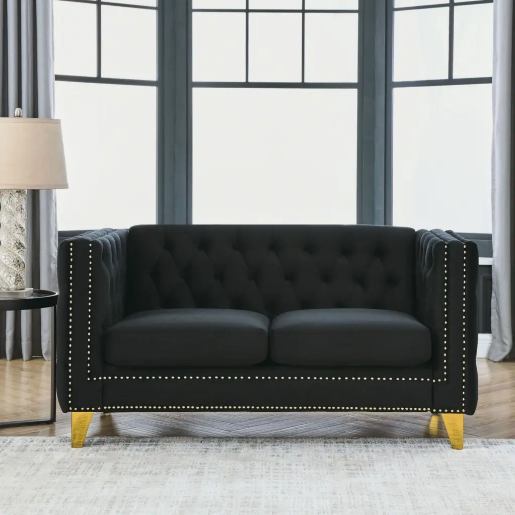 Velvet Sofa Living Room Buttons Tufted Square Arm Couch Modern Upholstered Metal Legs Black CNCJ