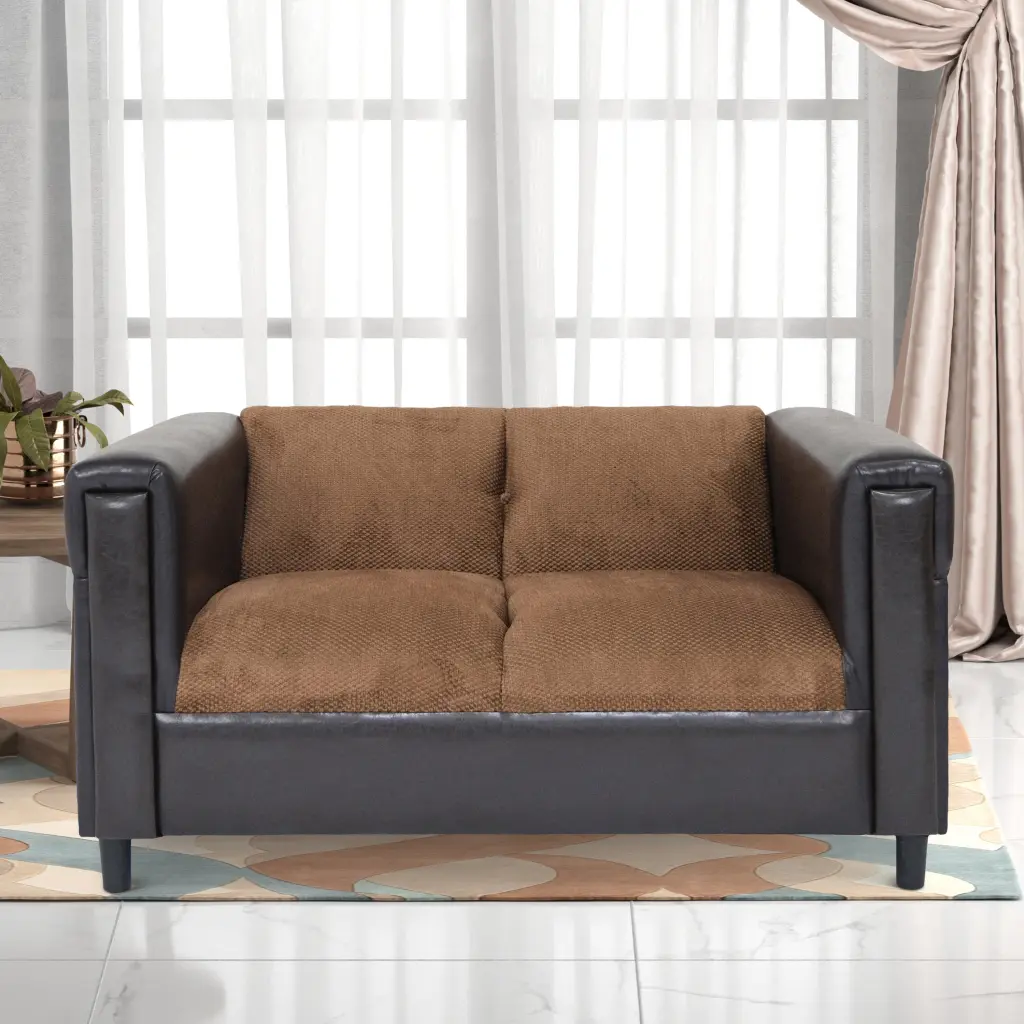 Coast to Coast Sofas Broadway Chenille Faux Leather Loveseat Brown Wood Frame Sofa