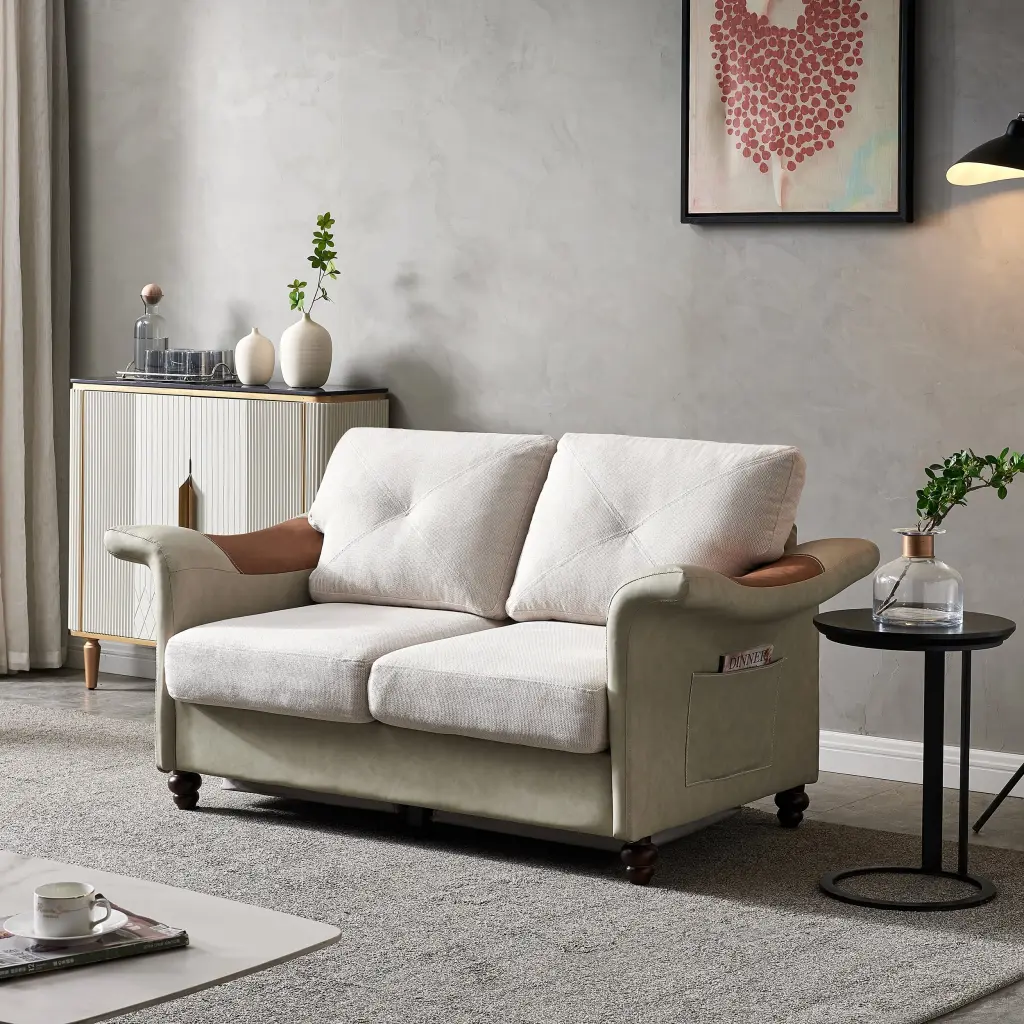 CoSoTower Linen Fabric Faux Leather Wood Leg Love Seat Beige