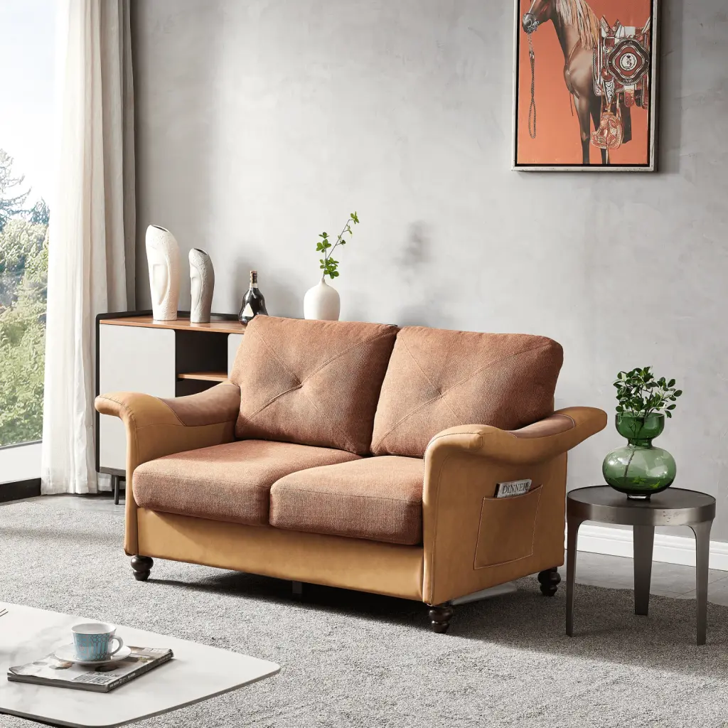 CoSoTower Linen Fabric Faux Leather Wood Leg Love Seat Red Brown