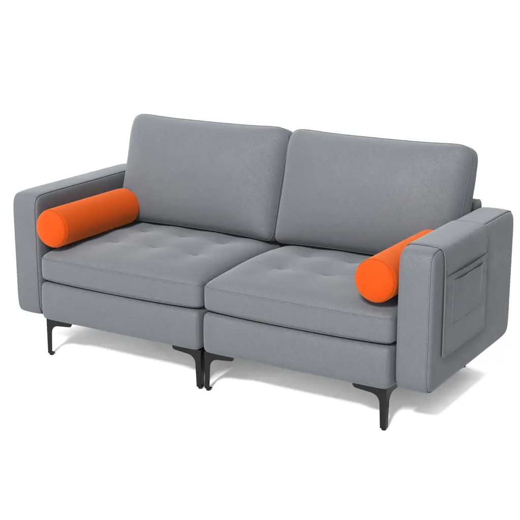 Costway Modern Loveseat 2-Seat Sofa Couch 2 Bolsters Side Storage Pocket Ash Grey