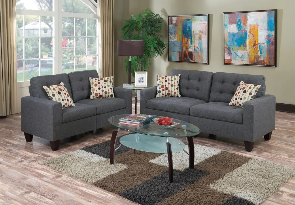 Dcenta Living Room 2pc Sofa Set Blue Grey Polyfiber Tufted Loveseat Pillows
