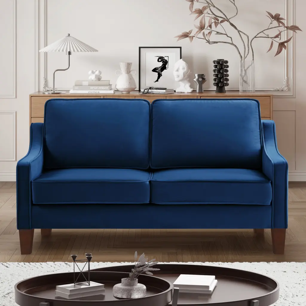 DeeHome Modern Velvet Loveseat Sofa Wooden Legs Living Room Bedroom Navy Blue
