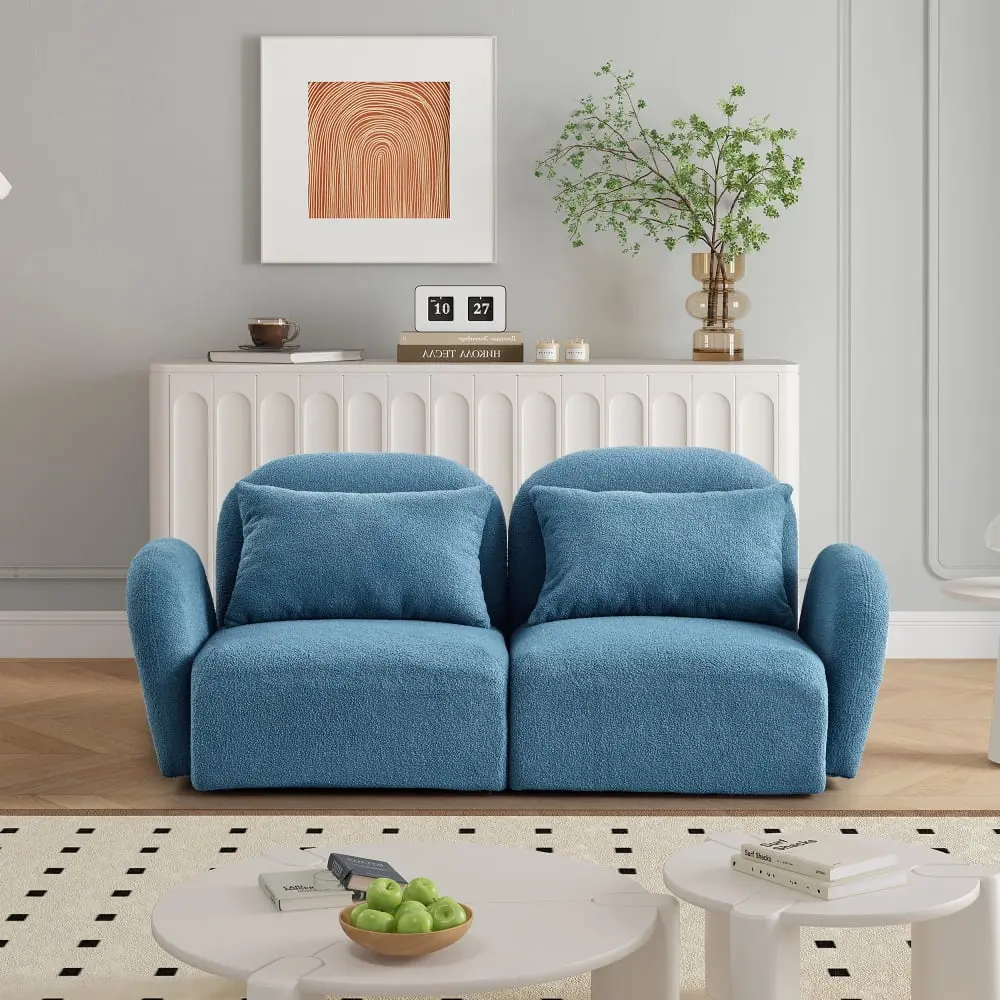 DeeHome Teddy Fabric Blue Loveseat Lazy Sofa Living Room