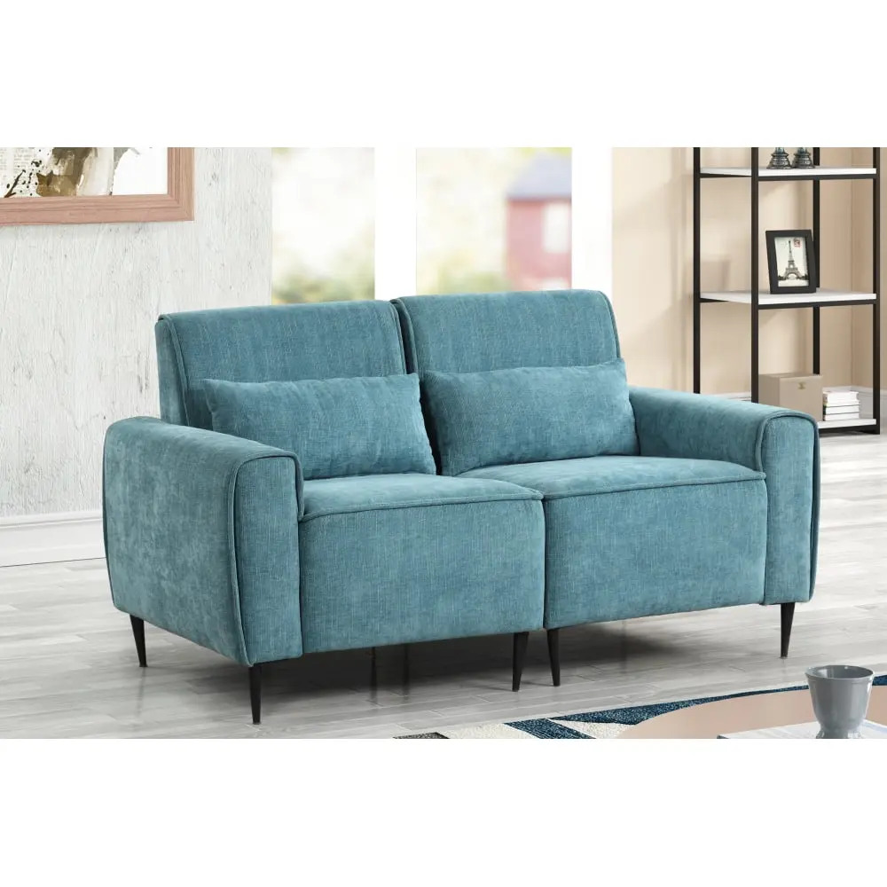 DeeHome Valentina 62 Blue Chenille Loveseat Metal Legs and Throw Pillows