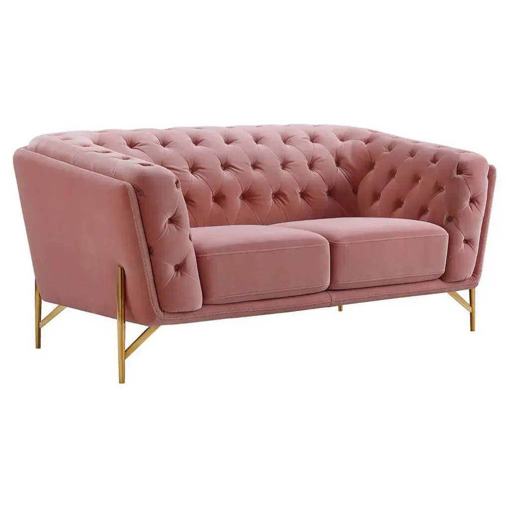 Divani Casa Aiken Modern Velvet and Metal Diamond Tufted Loveseat Salmon Pink