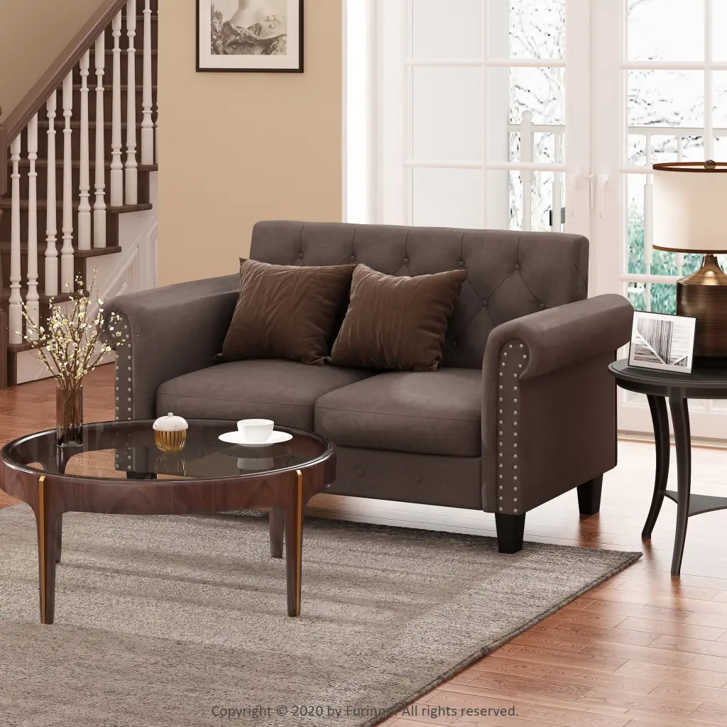 Furinno Bastia Vintage Button Tufted Loveseat Brown Faux Leather