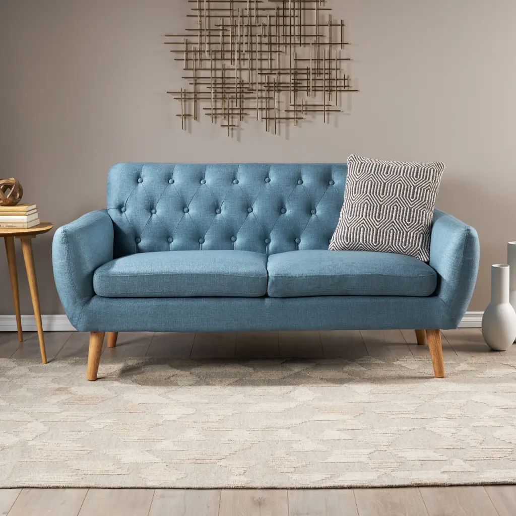 GDF Studio Alscot Mid Century Modern Fabric Tufted Oversized Loveseat Blue GDFSTUDIO