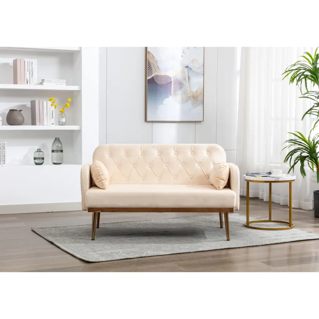 Beige Velvet Accent Sofa Contemporary Loveseat Sleek Metal Feet Plush Polyester Upholstery Modern Living Spaces European F...