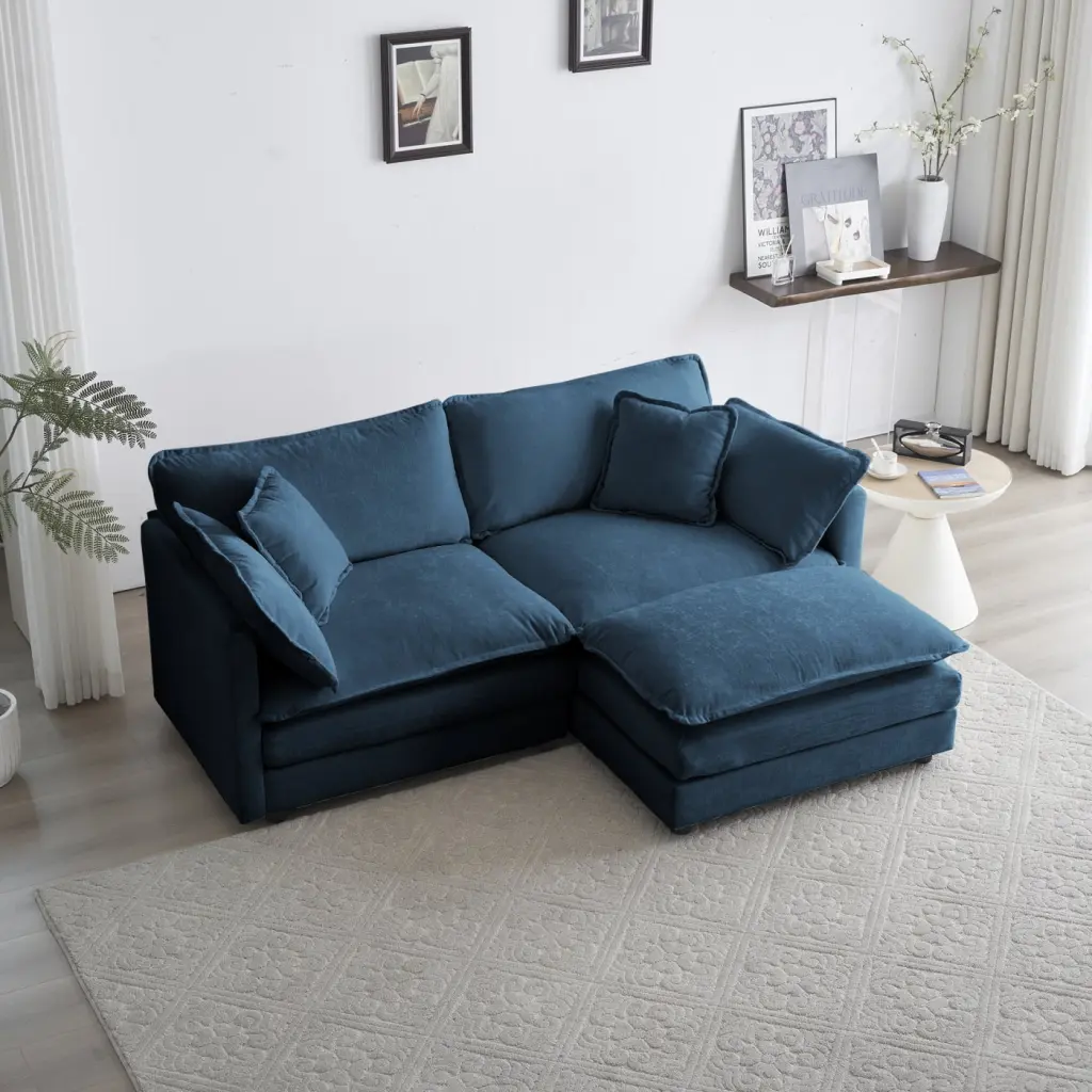 Compact Two-Seater Chenille Sofa Footrest and L-Shaped Sectional Ottoman - Blue Loveseat Cozy Living Spaces HATNOKIL
