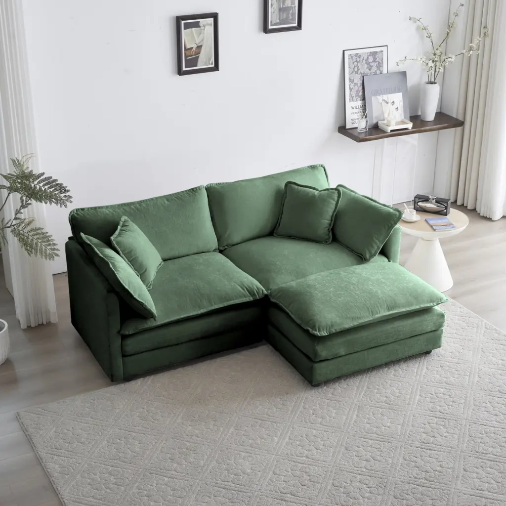 Green Chenille Two-Seater Sofa Ottoman Cozy Loveseat Small Spaces HATNOKIL