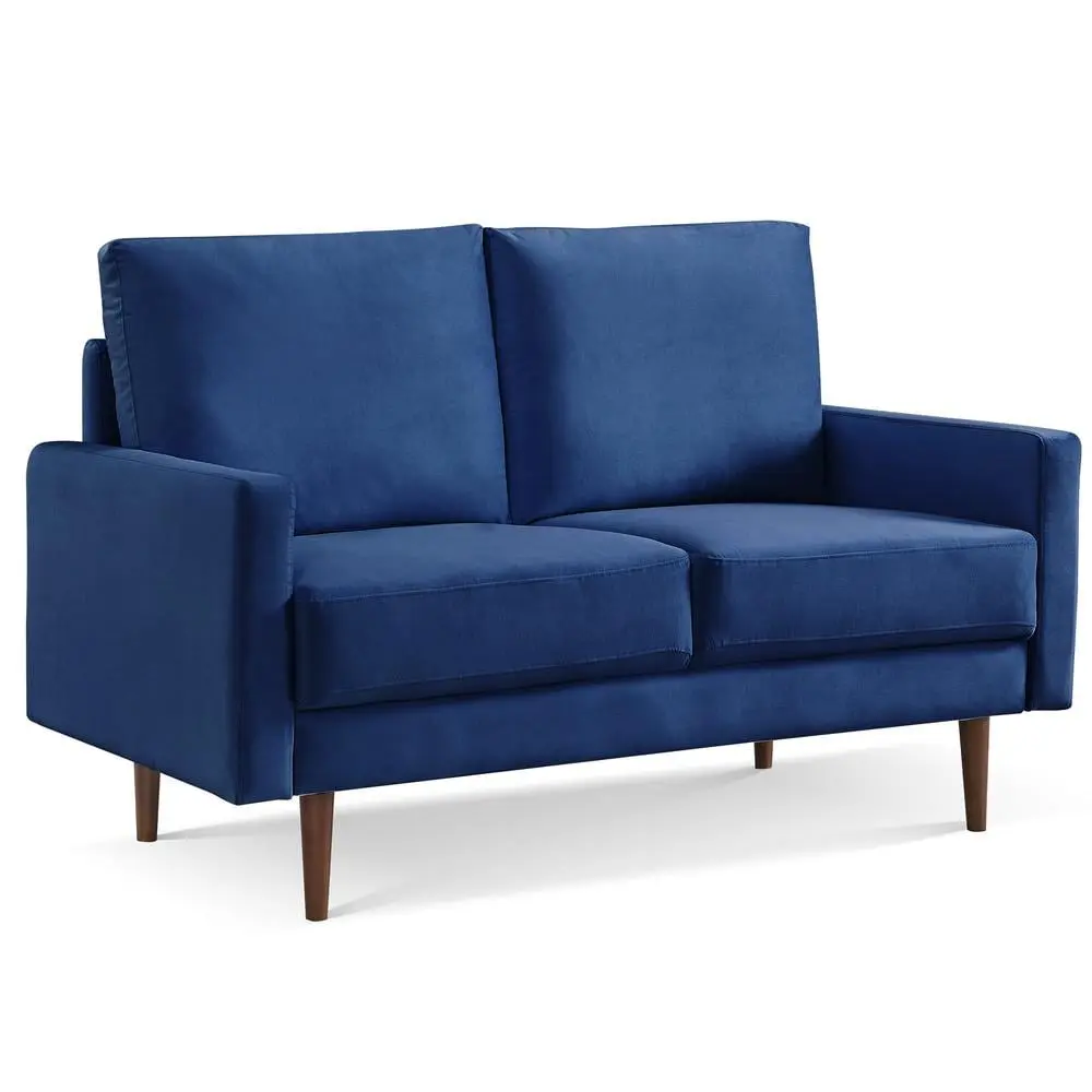 HomeRoots 57 Blue and Dark Brown Velvet Love Seat Plush Small Sofa