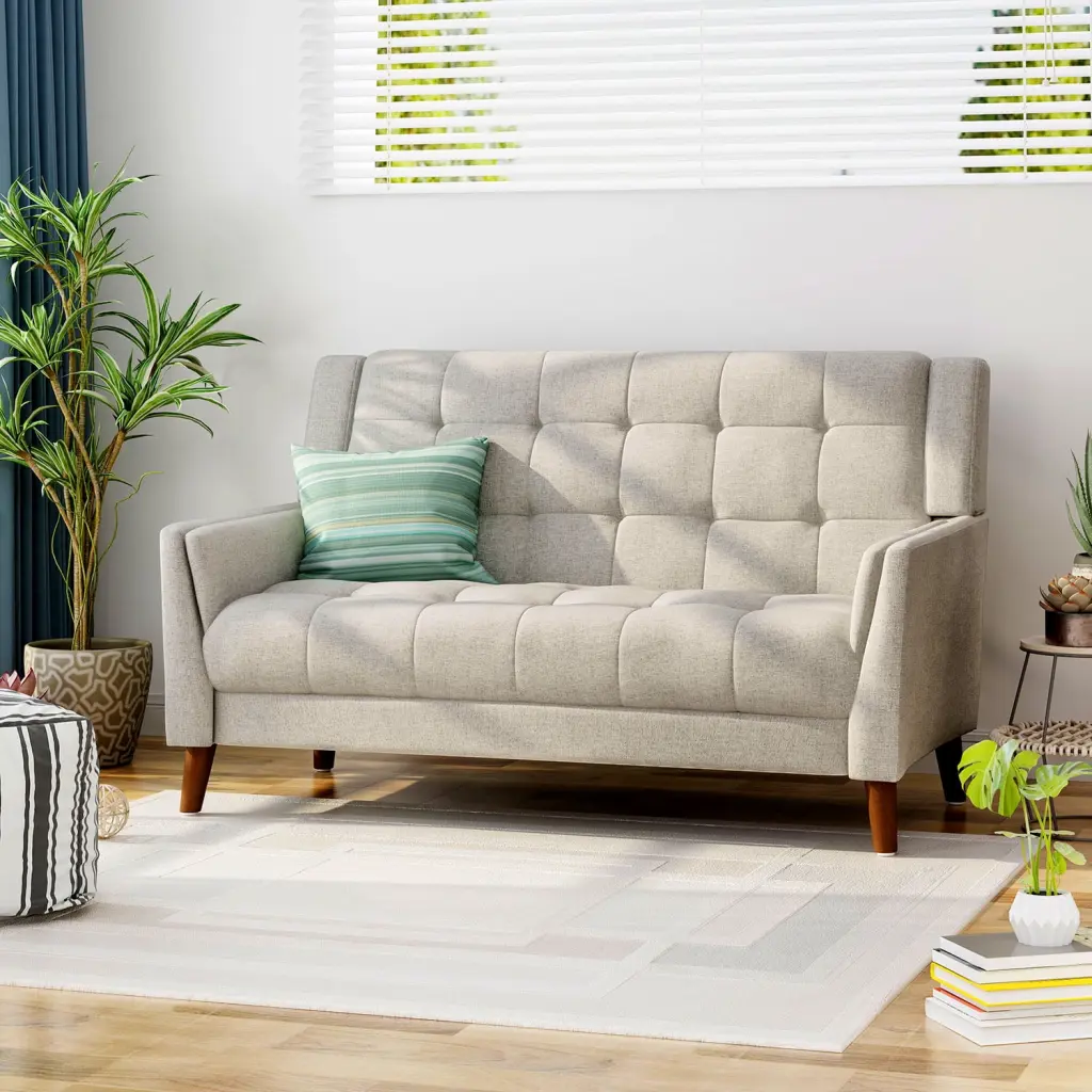 Mid-Century Modern Beige Upholstered Loveseat Tufted Backrest and Walnut Legs HOMXIAOWO