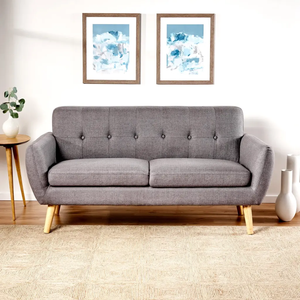 Modern Mid-Century Grey Loveseat Button-Tufted Backrest and Wooden Legs HOMXIAOWO