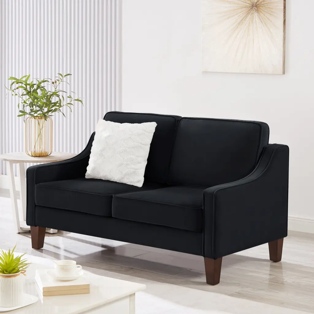 Modern Velvet Loveseat Sofa Wooden Legs Upholstered Small Couch Living Room Black HOMXIAOWO