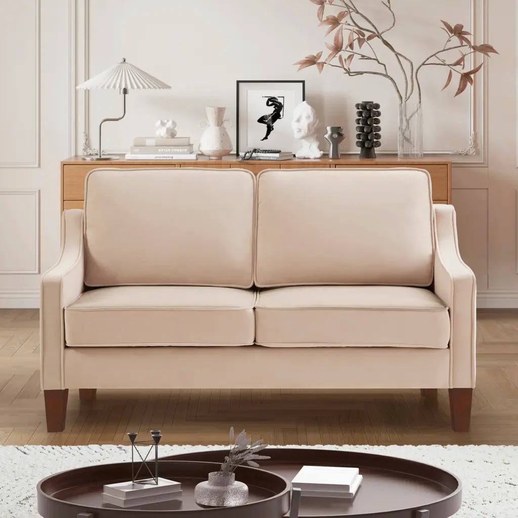 Modern Velvet Loveseat Sofa Wooden Legs Upholstered Small Couch Living Room Bedroom Taupe HOMXIAOWO