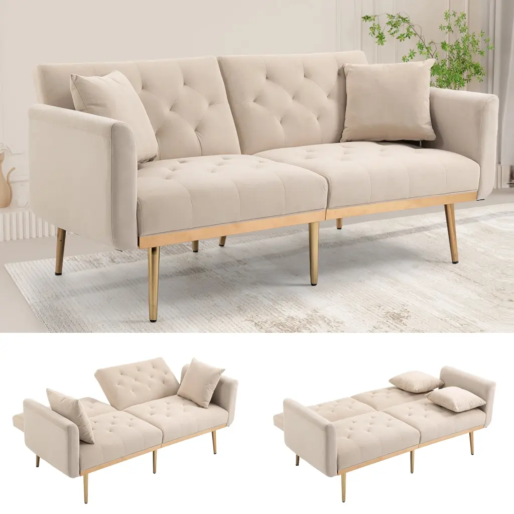 Modern Velvet Sofa Metal Feet Tufted Backrest Adjustable Recline 2 Seater Loveseat Living Room Office Apartment Beige HOMX...