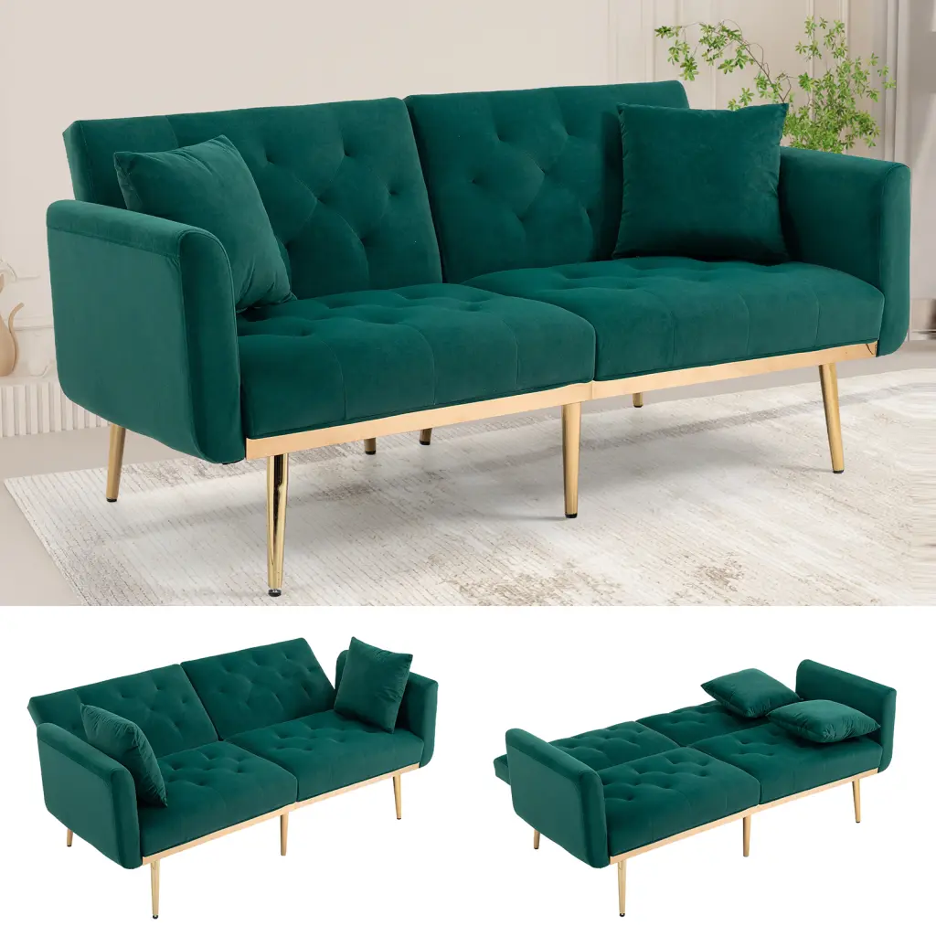 Modern Velvet Upholstered Loveseat Sofa Metal Legs 2-Seater Accent Sofa Living Room Office Apartment Deep Green HOMXIAOWO