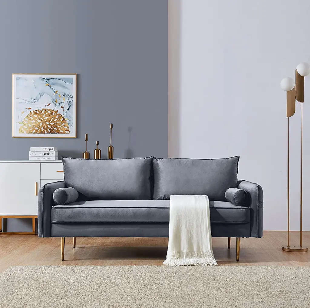 Modern Velvet Loveseat Sofa Living Room Side Storage Pocket & 2 Small Pillows - Upholstered Velvet Fabric Sectional Couch,...