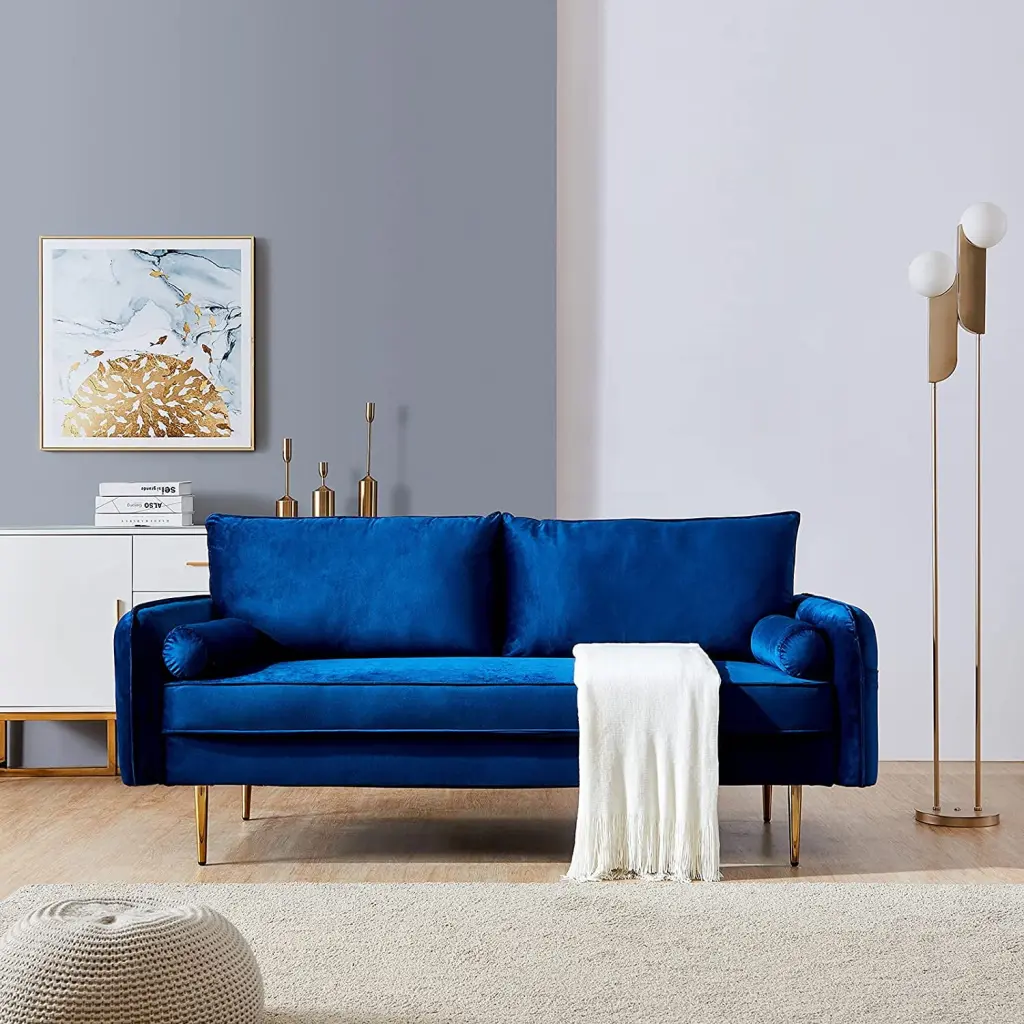 Modern Velvet Loveseat Sofa Living Room Storage Pocket and Pillows Blue HONGFENGDZ