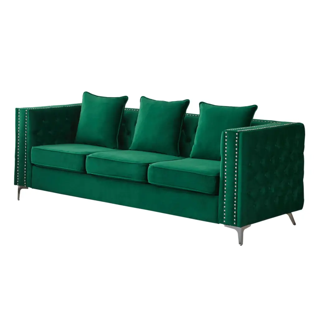 Hybition Velvet Sofa Mid-Century Modern Couch Button-Tufted Loveseat Metal Legs Green