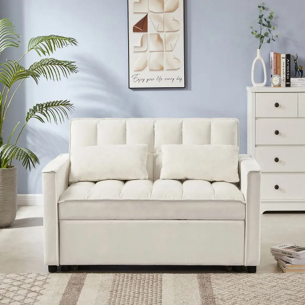 Off White Velvet Loveseat Sofa Bed - Convertible Modern Sleeper Sofa Living Room or Bedroom Hypeshops
