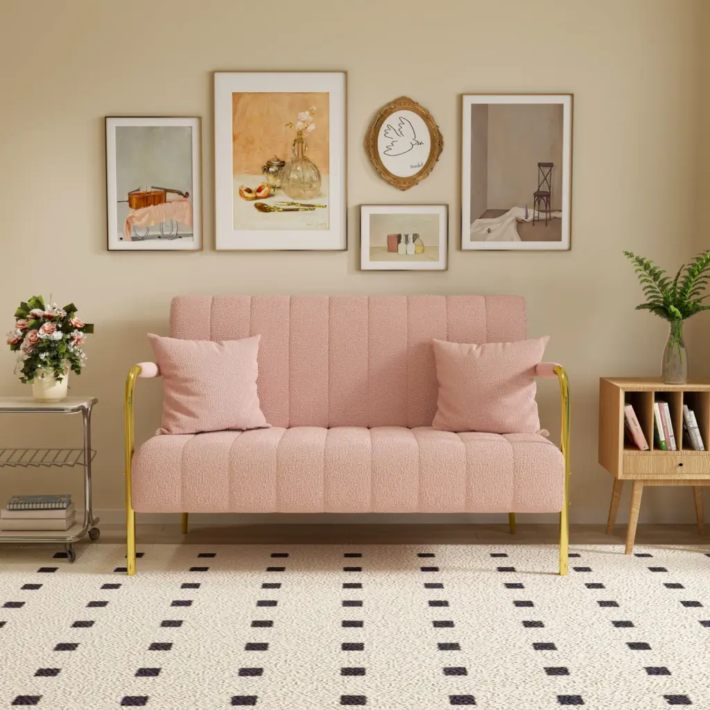 Mid Century Modern Loveseat Sofa Teddy Upholstery and Gold Metal Legs Small Spaces IM Lashes