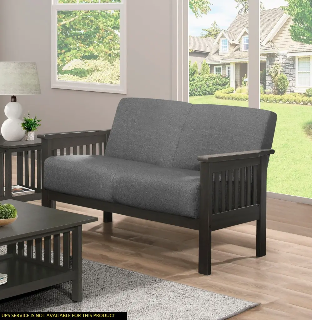 Classic Living Room 1Pc Loveseat Gray Cushion Seat And Back Solid Rubberwood Furniture Jamini