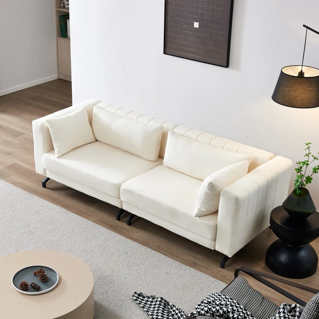 Living Room Sofa Couch Metal Legs and Ivory Fabric Modern Home Decor Jamini