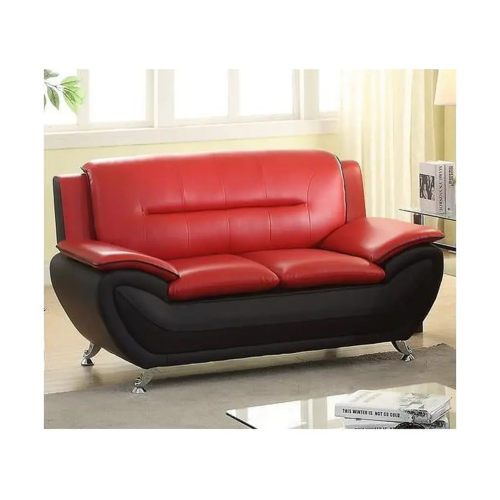 Kingway Furniture Oreo Faux Leather Living Room Loveseat Black Red Contemporary Style