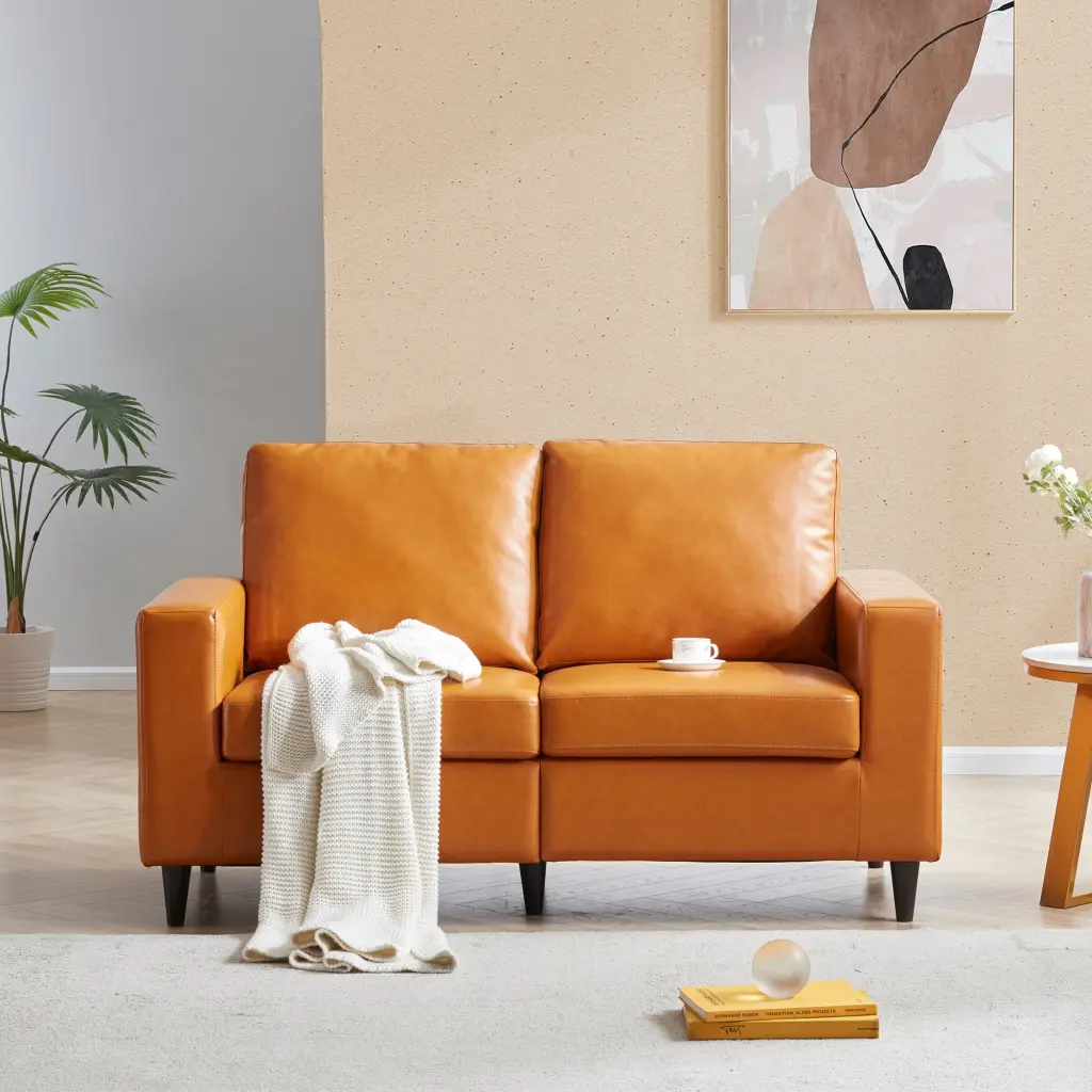 PU Leather Upholstered Modern Loveseat Sofa Wooden Legs Living Room Kofun