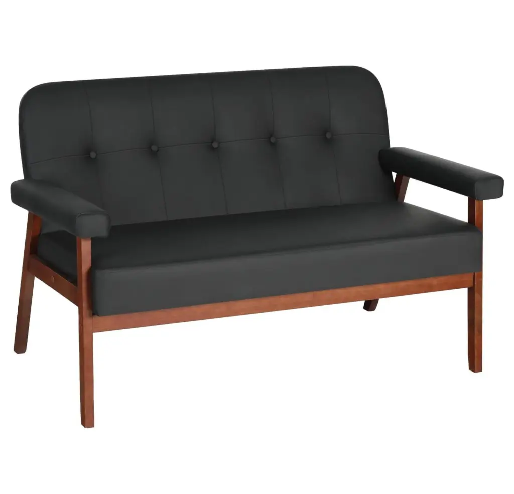 LoWyiL 50W Black Faux Leather Loveseat Sofa Wood Arms Modern Home