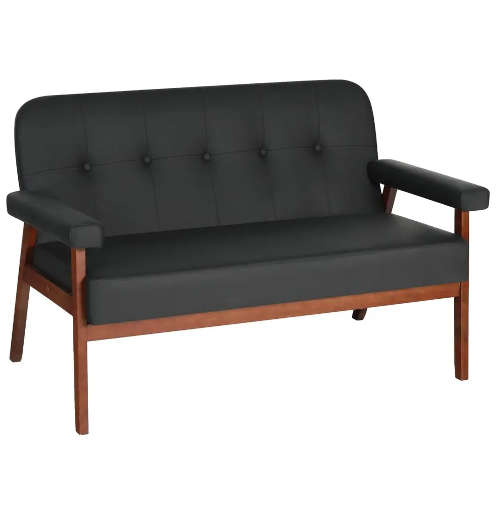 Lwory 50W Black Faux Leather Small Office Couch Loveseat Sofa Wood Arms